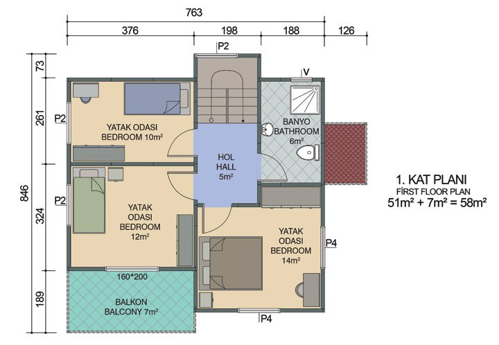 3+1 Çift Katlı Prefabrik Ev 118 m2